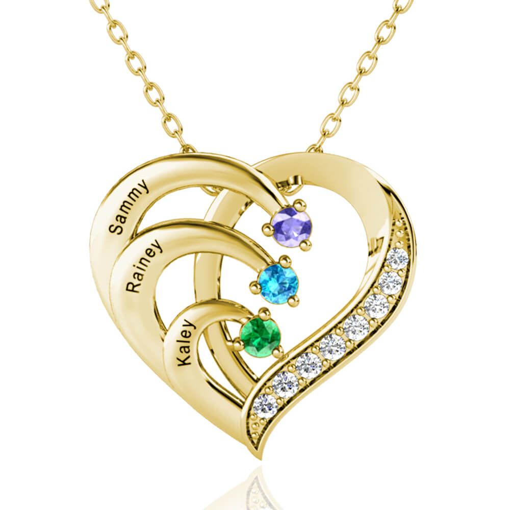 Personalised Heart Necklace with 3 Birthstones and 3 Engraved Names Gold