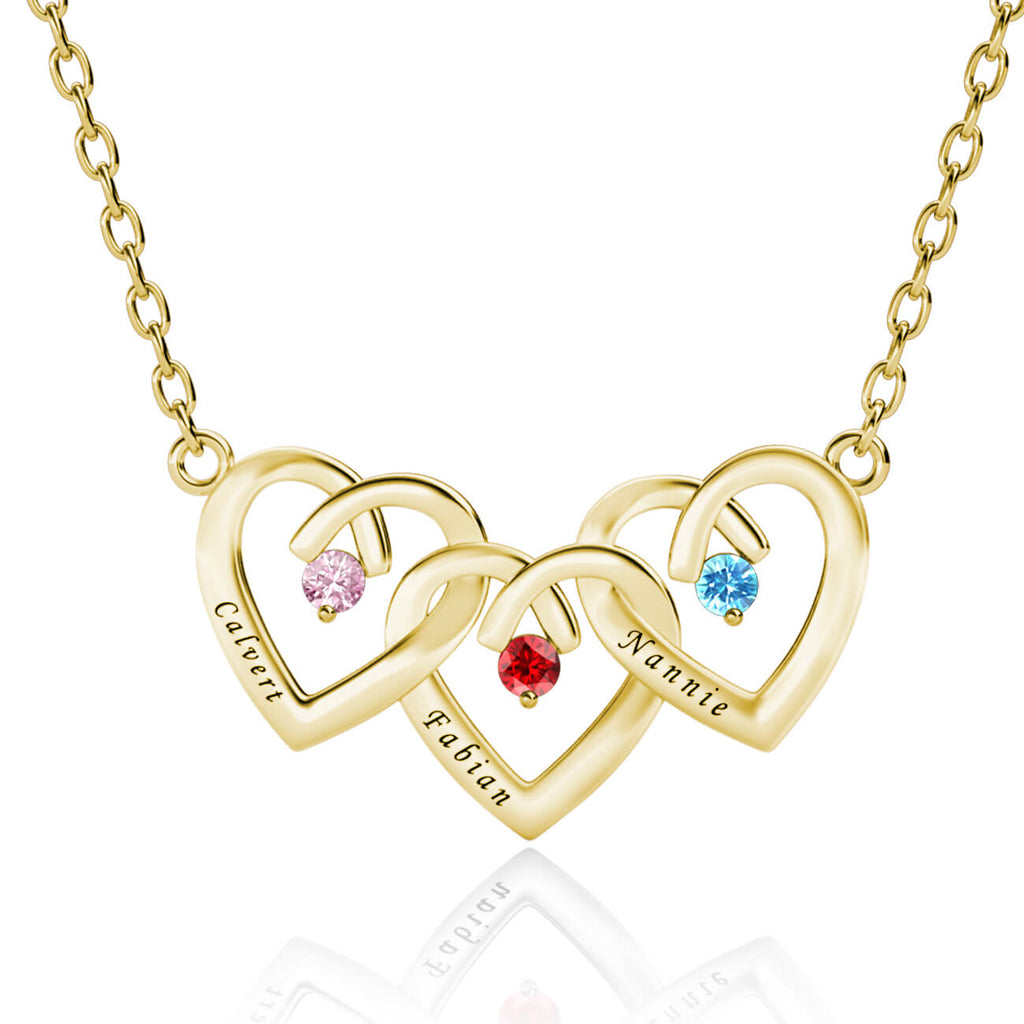 Personalised Three Heart Shaped Pendant Necklace with Three Birthstones and Three Engraved Names