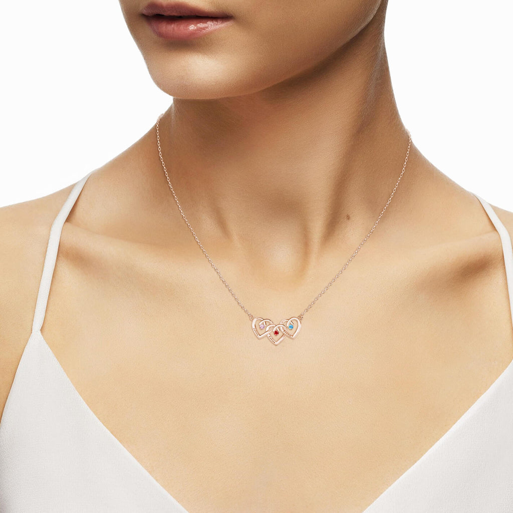 Rose Gold Personalised Three Heart Shaped Pendant Necklace with Three Birthstones and Three Engraved Names
