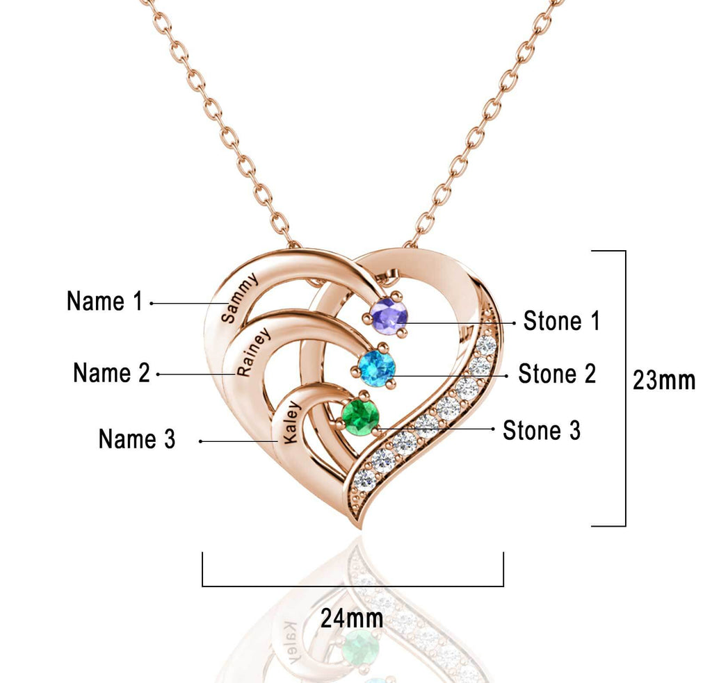 Personalised Heart Necklace with 3 Birthstones and 3 Engraved Names Rose Gold