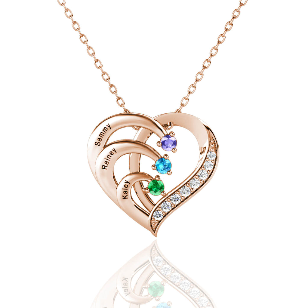 Personalised Heart Necklace with 3 Birthstones and 3 Engraved Names Rose Gold