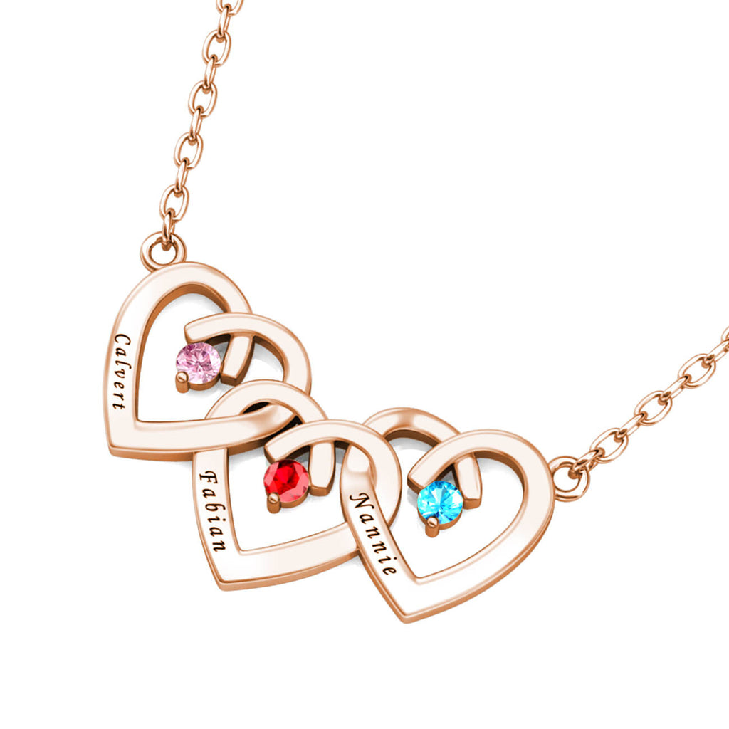 Rose Gold Personalised Three Heart Shaped Pendant Necklace with Three Birthstones and Three Engraved Names