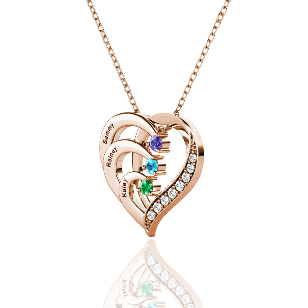 Personalised Heart Necklace with 3 Birthstones and 3 Engraved Names Rose Gold