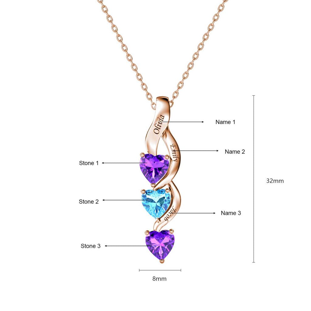 Personalised Necklace with Three Names and Three Heart Birthstones Rose Gold