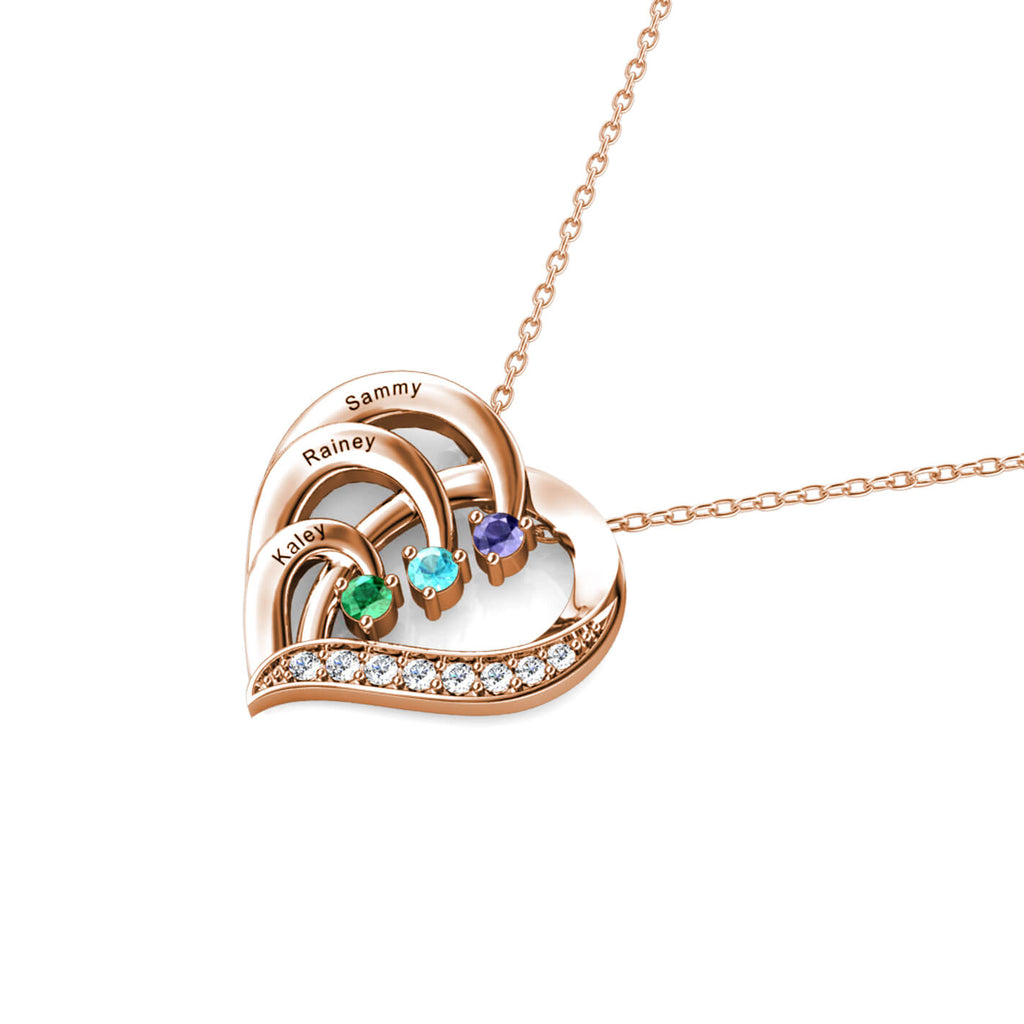 Personalised Heart Necklace with 3 Birthstones and 3 Engraved Names Rose Gold