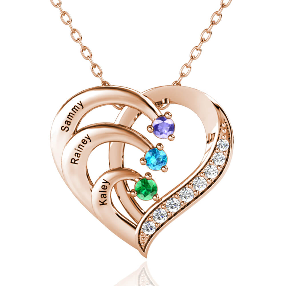 Personalised Heart Necklace with 3 Birthstones and 3 Engraved Names Rose Gold