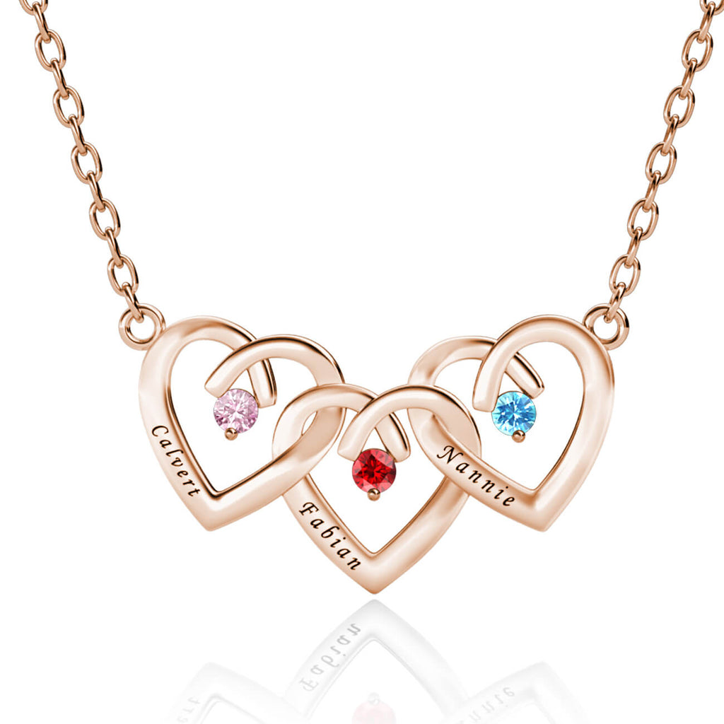 Rose Gold Personalised Three Heart Shaped Pendant Necklace with Three Birthstones and Three Engraved Names