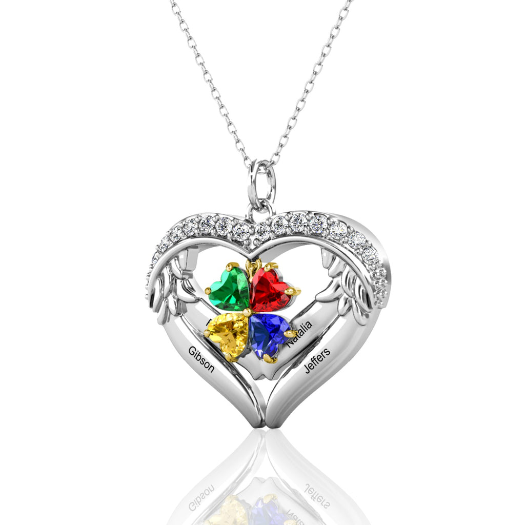 Heart Shaped Personalised Necklace with Four Heart Birthstones and Four Engraved Names