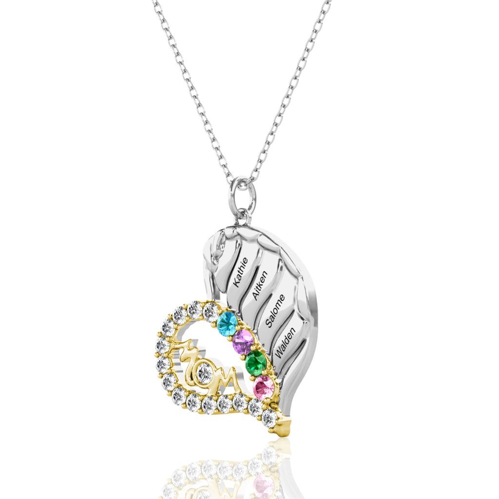 Personalised Heart Shaped Four Names Mother's Necklace with Four Birthstones Sterling Silver