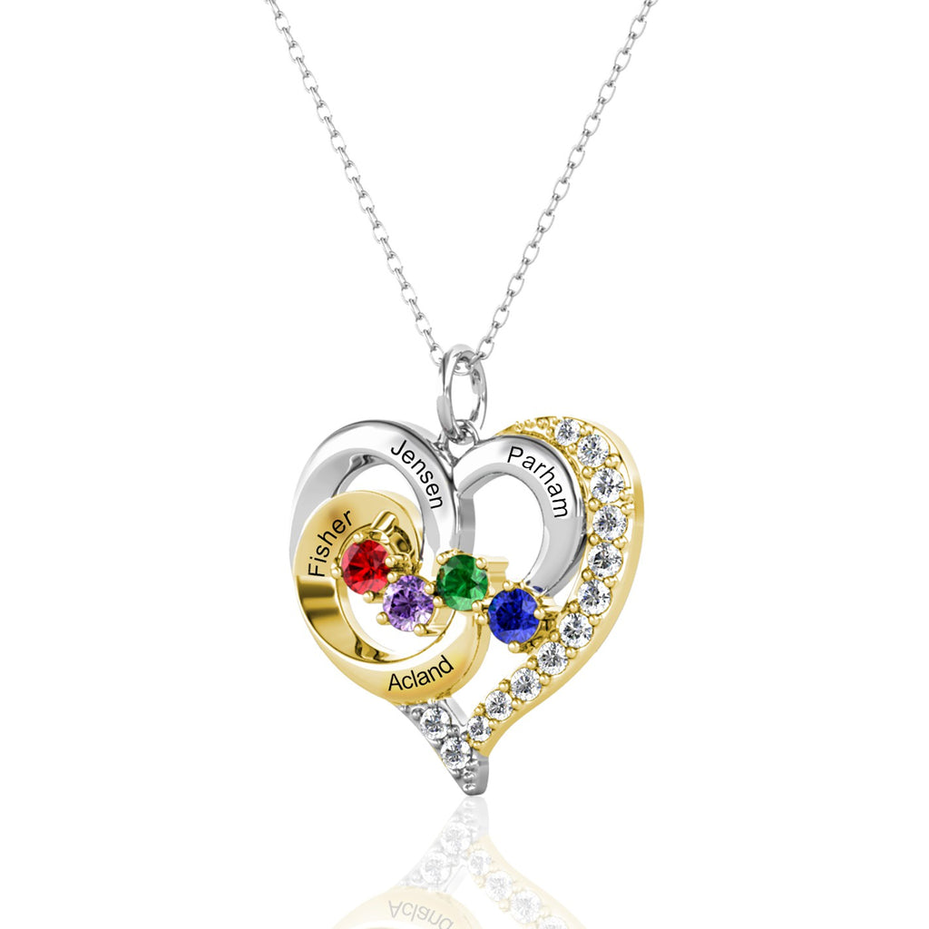 Heart Shaped Personalised Necklace with Four Birthstones and Four Engraved Names