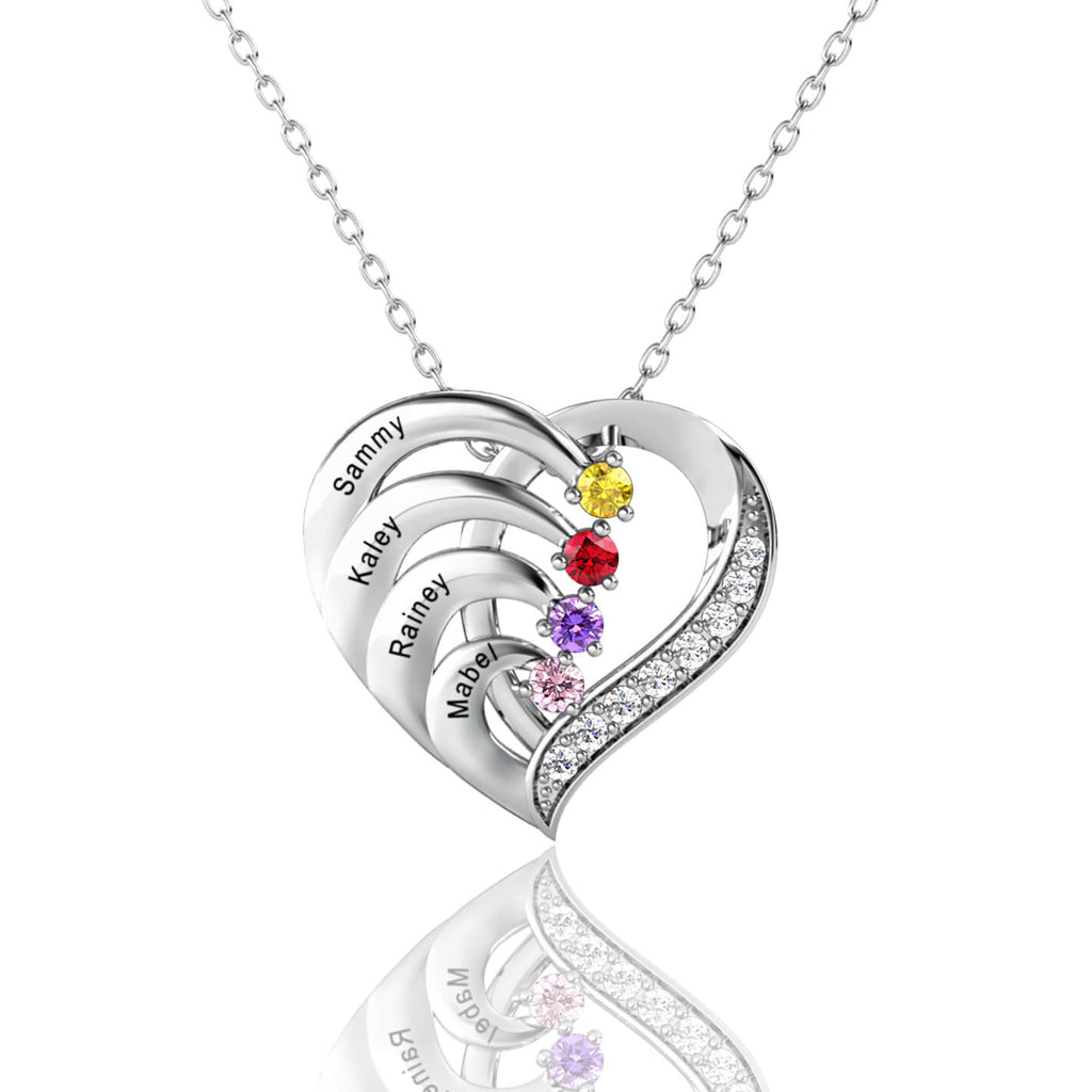 Heart Shaped Personalised 4 Birthstone Necklace with Engraved 4 Names