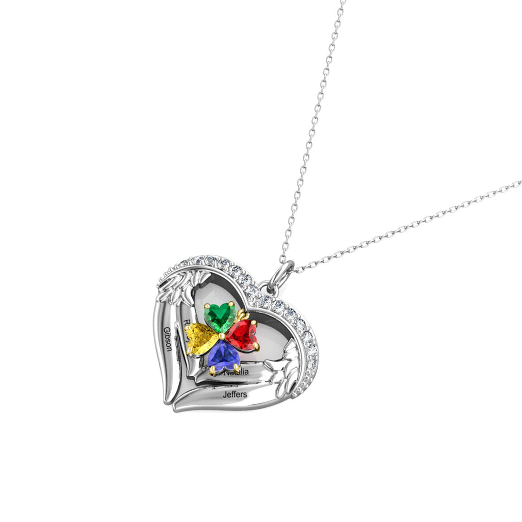 Heart Shaped Personalised Necklace with Four Heart Birthstones and Four Engraved Names