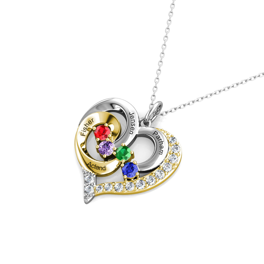 Heart Shaped Personalised Necklace with Four Birthstones and Four Engraved Names