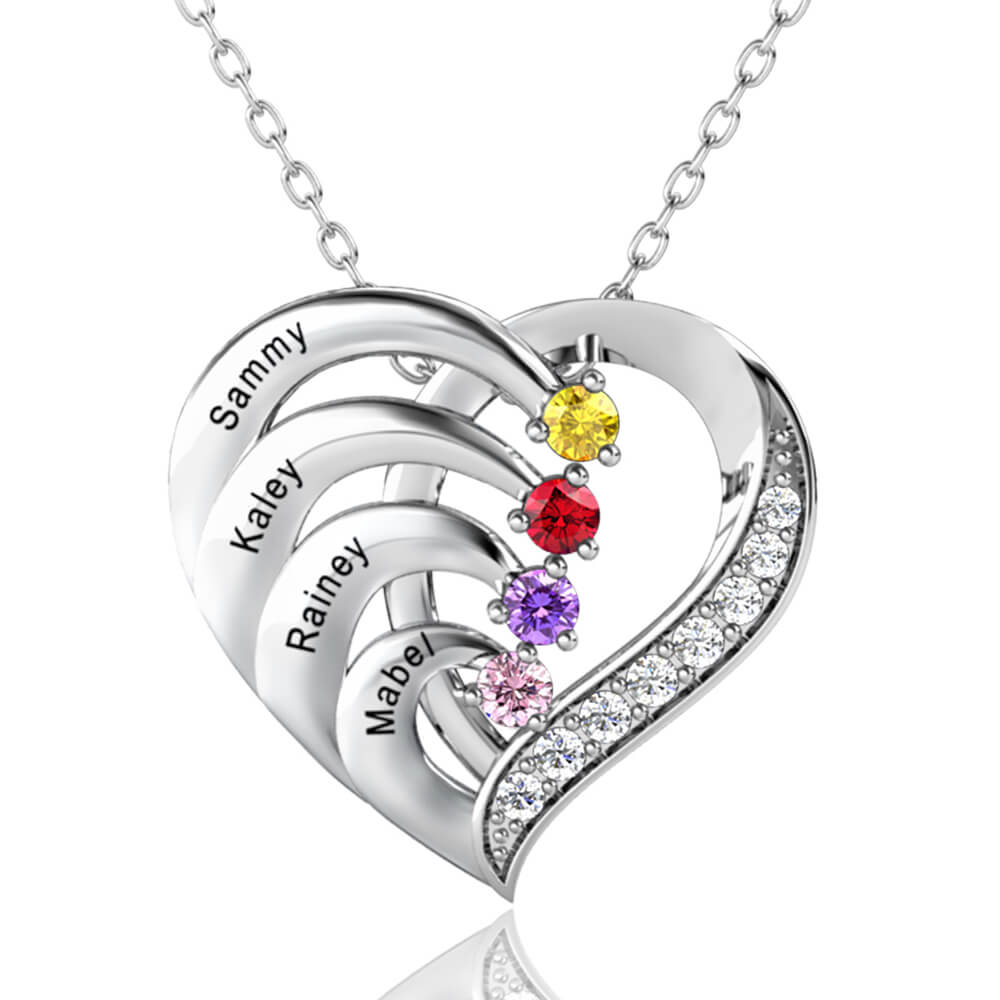 Heart Shaped Personalised 4 Birthstone Necklace with Engraved 4 Names