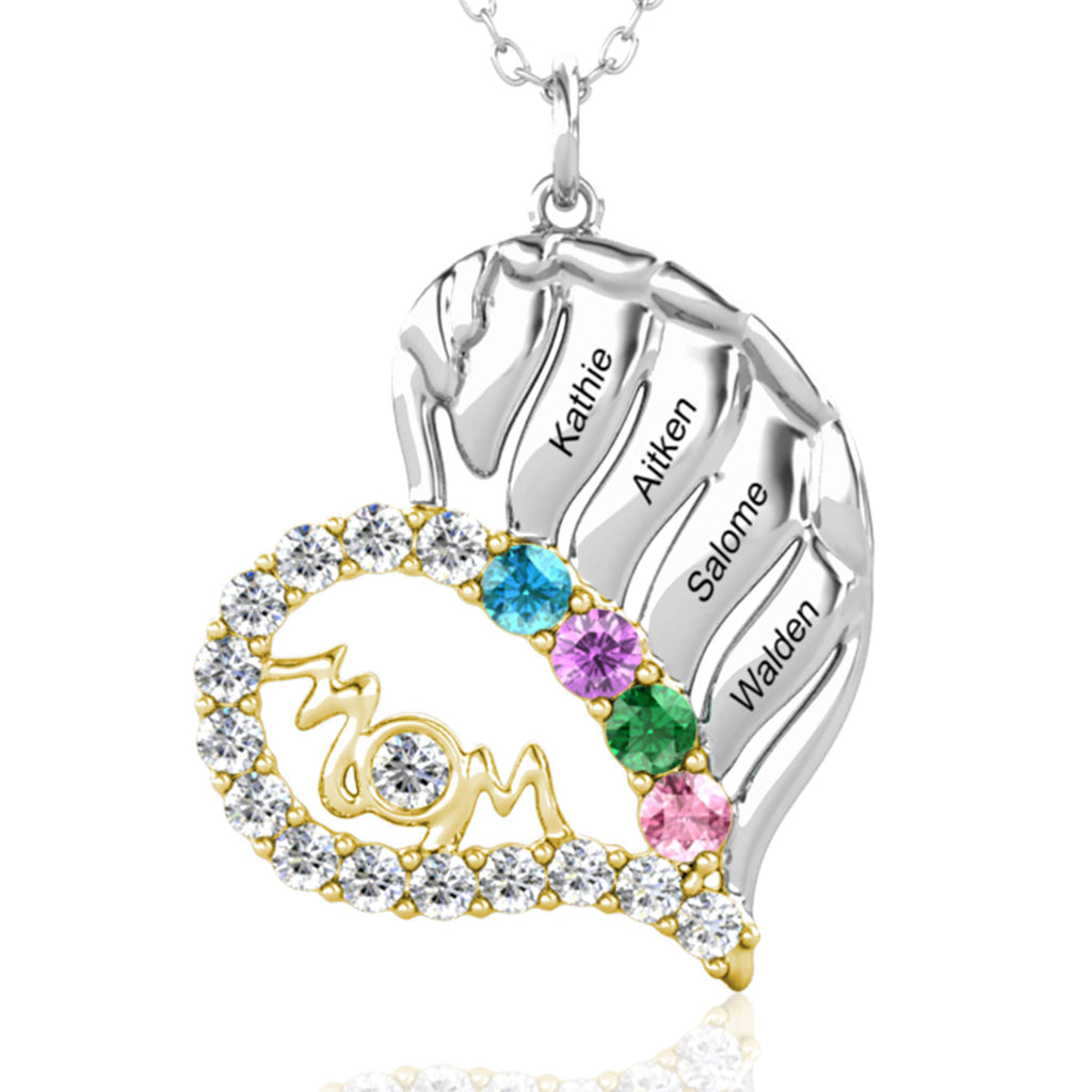 Personalised Heart Shaped Four Names Mother's Necklace with Four Birthstones Sterling Silver