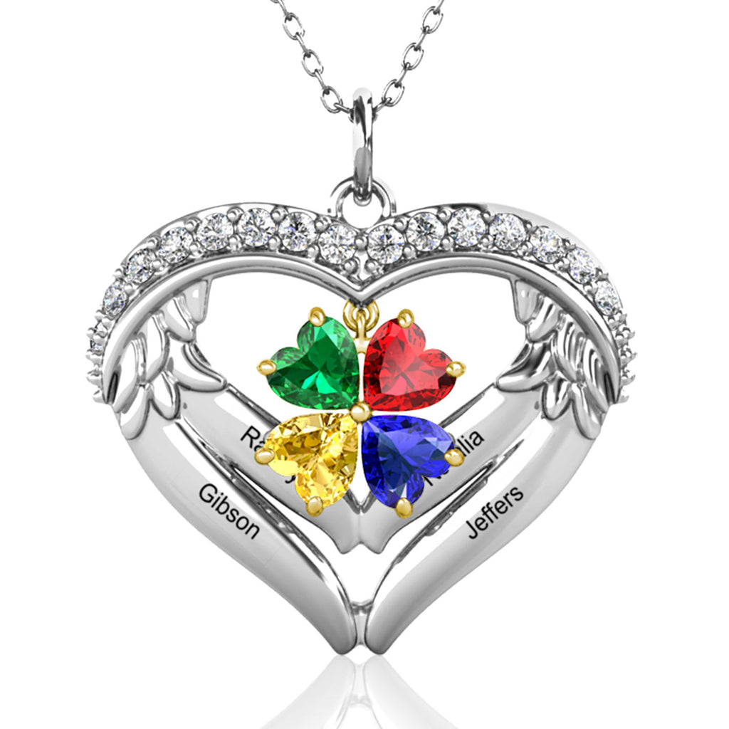 Heart Shaped Personalised Necklace with Four Heart Birthstones and Four Engraved Names
