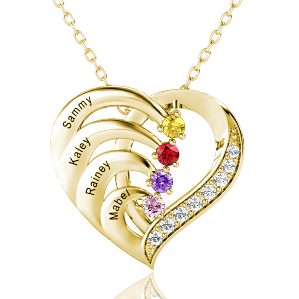 Personalised Heart Necklace with 4 Birthstones and 4 Engraved Names Gold