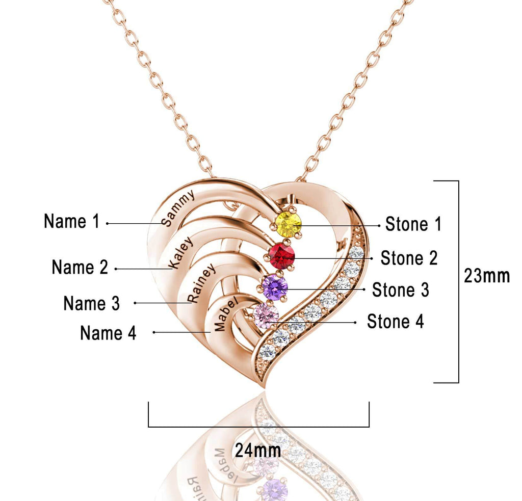 Personalised Heart Necklace with 4 Birthstones and 4 Engraved Names Rose Gold