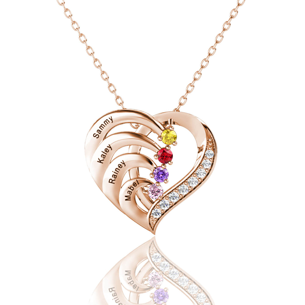 Personalised Heart Necklace with 4 Birthstones and 4 Engraved Names Rose Gold