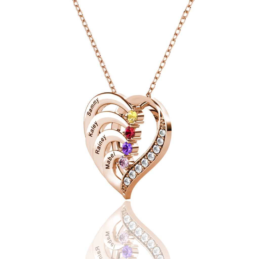 Personalised Heart Necklace with 4 Birthstones and 4 Engraved Names Rose Gold