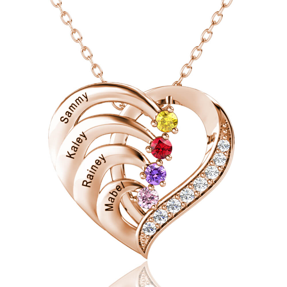 Personalised Heart Necklace with 4 Birthstones and 4 Engraved Names Rose Gold