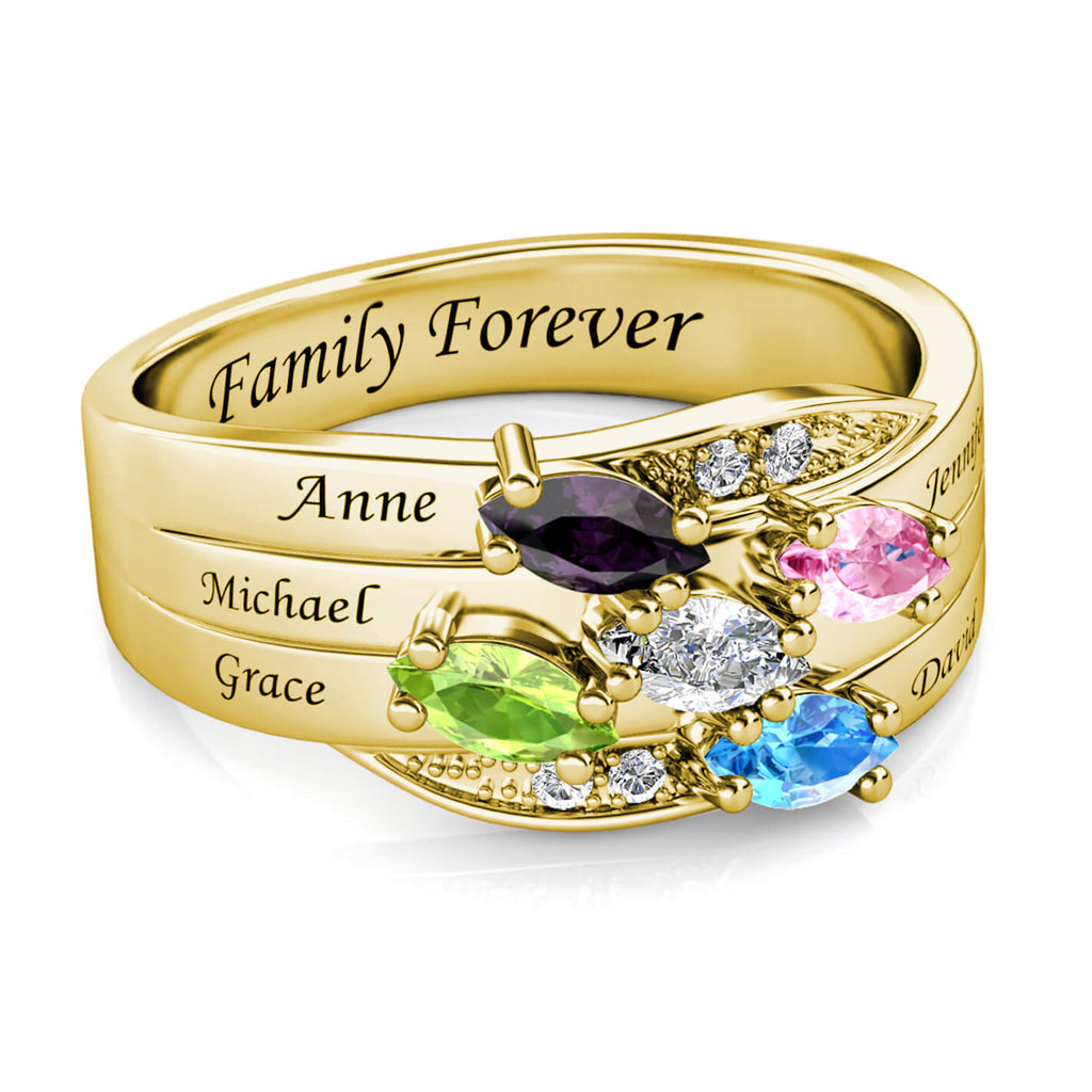 Personalised Five Birthstones Ring with Engraved Names Yellow Gold