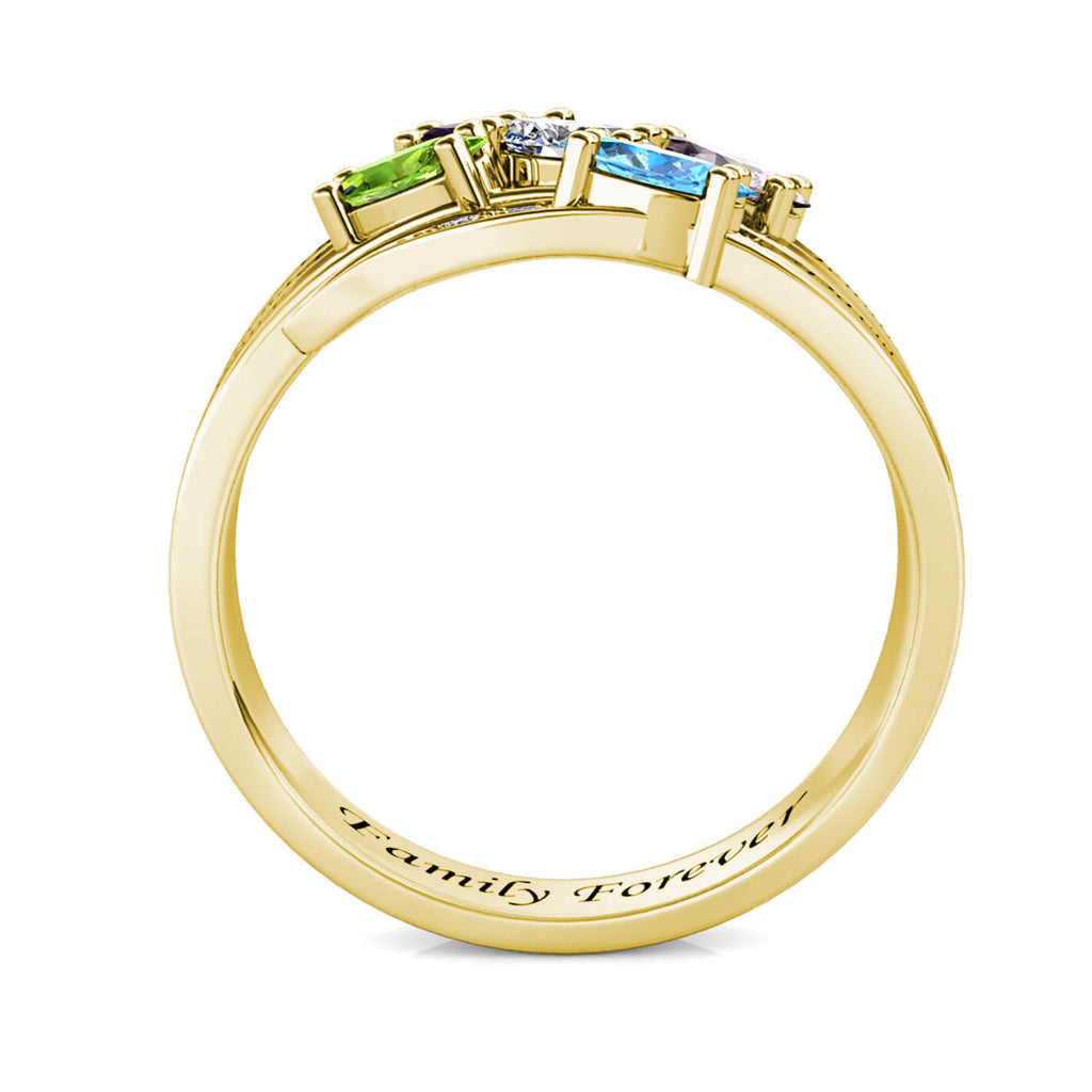 Personalised Five Birthstones Ring with Engraved Names Yellow Gold