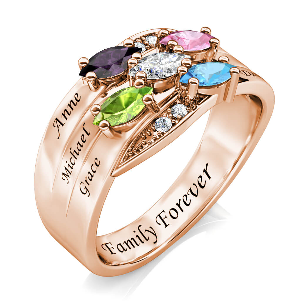 Personalised Five Birthstones Ring with Engraved Names Rose Gold