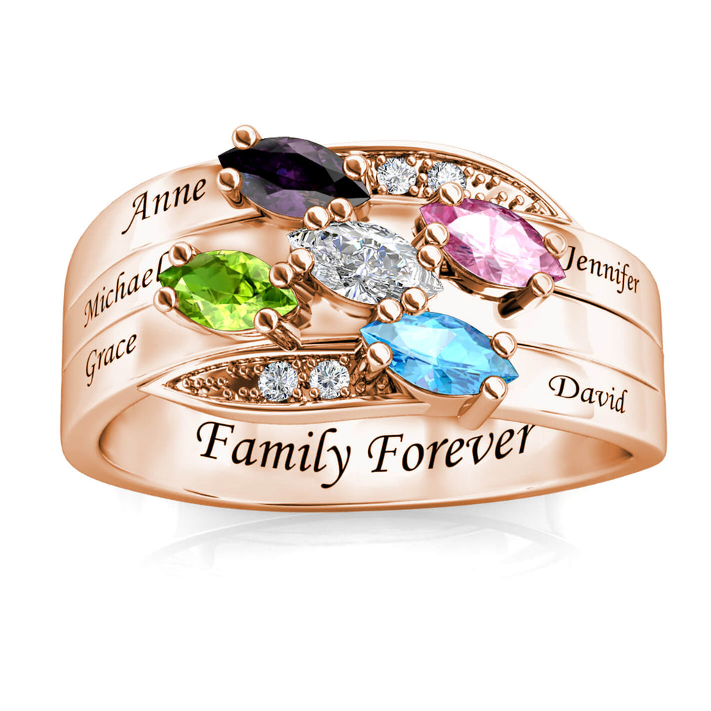 Personalised Five Birthstones Ring with Engraved Names Rose Gold