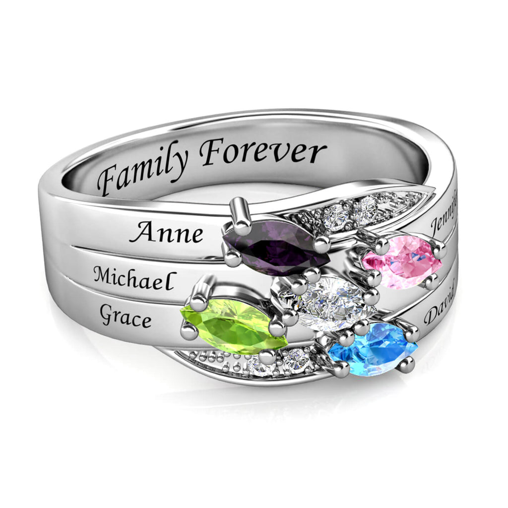 Personalised Five Birthstones Ring with Engraved Names Sterling Silver