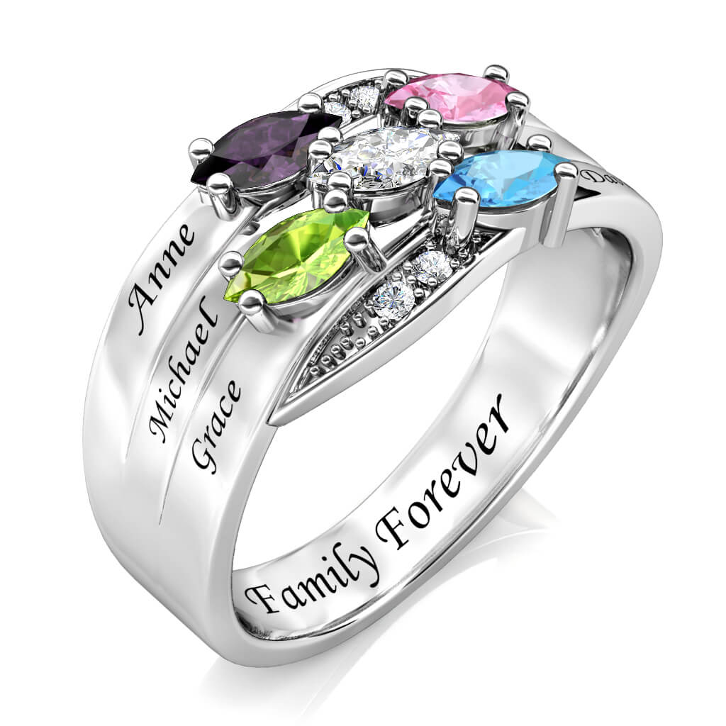 Personalised Five Birthstones Ring with Engraved Names Sterling Silver