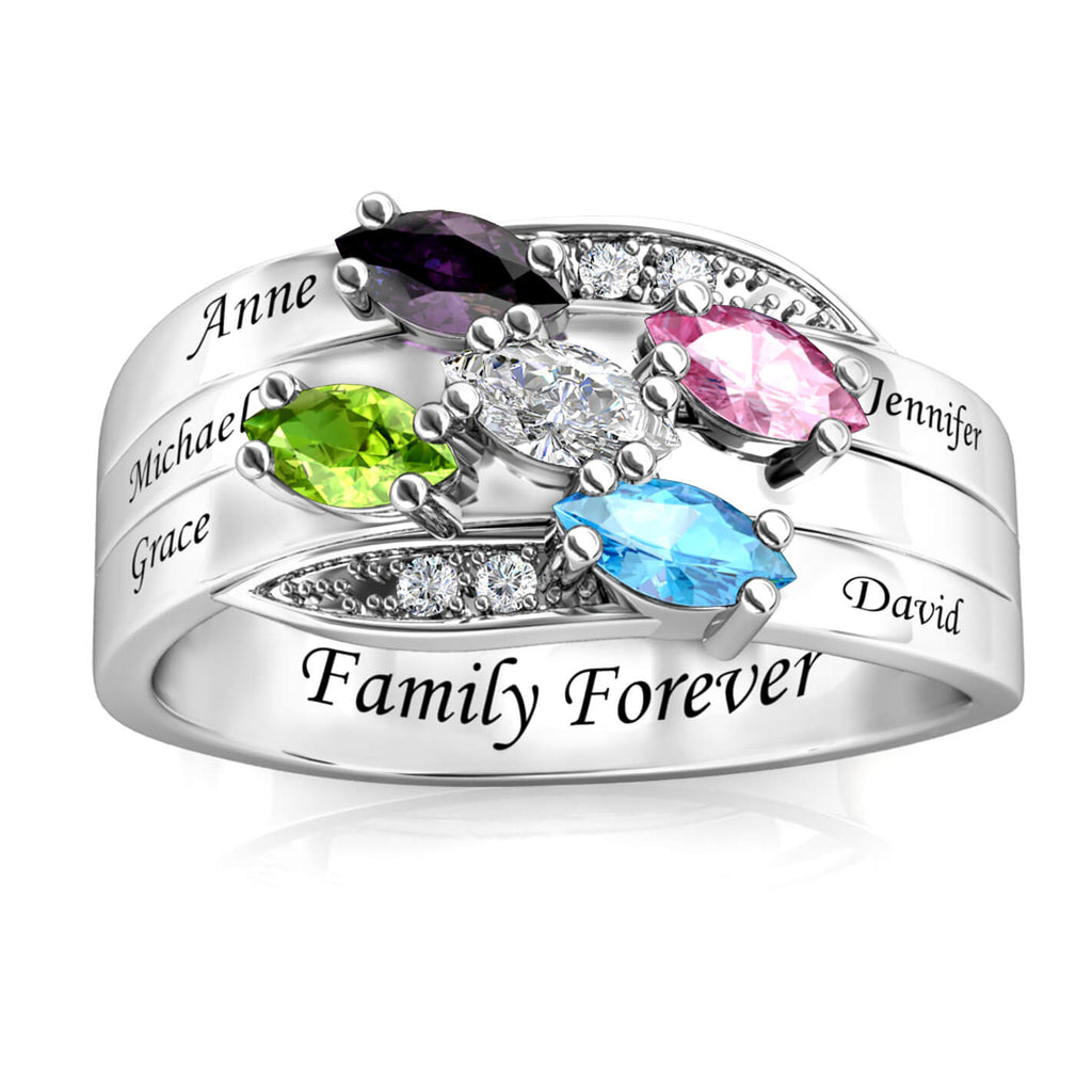 Personalised Five Birthstones Ring with Engraved Names Sterling Silver