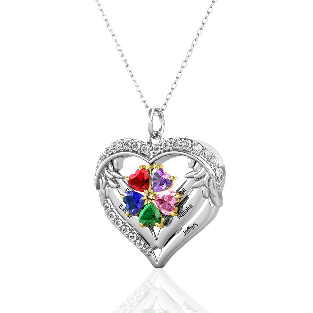 Heart Shaped Personalised Necklace with Five Heart Birthstones and Five Engraved Names