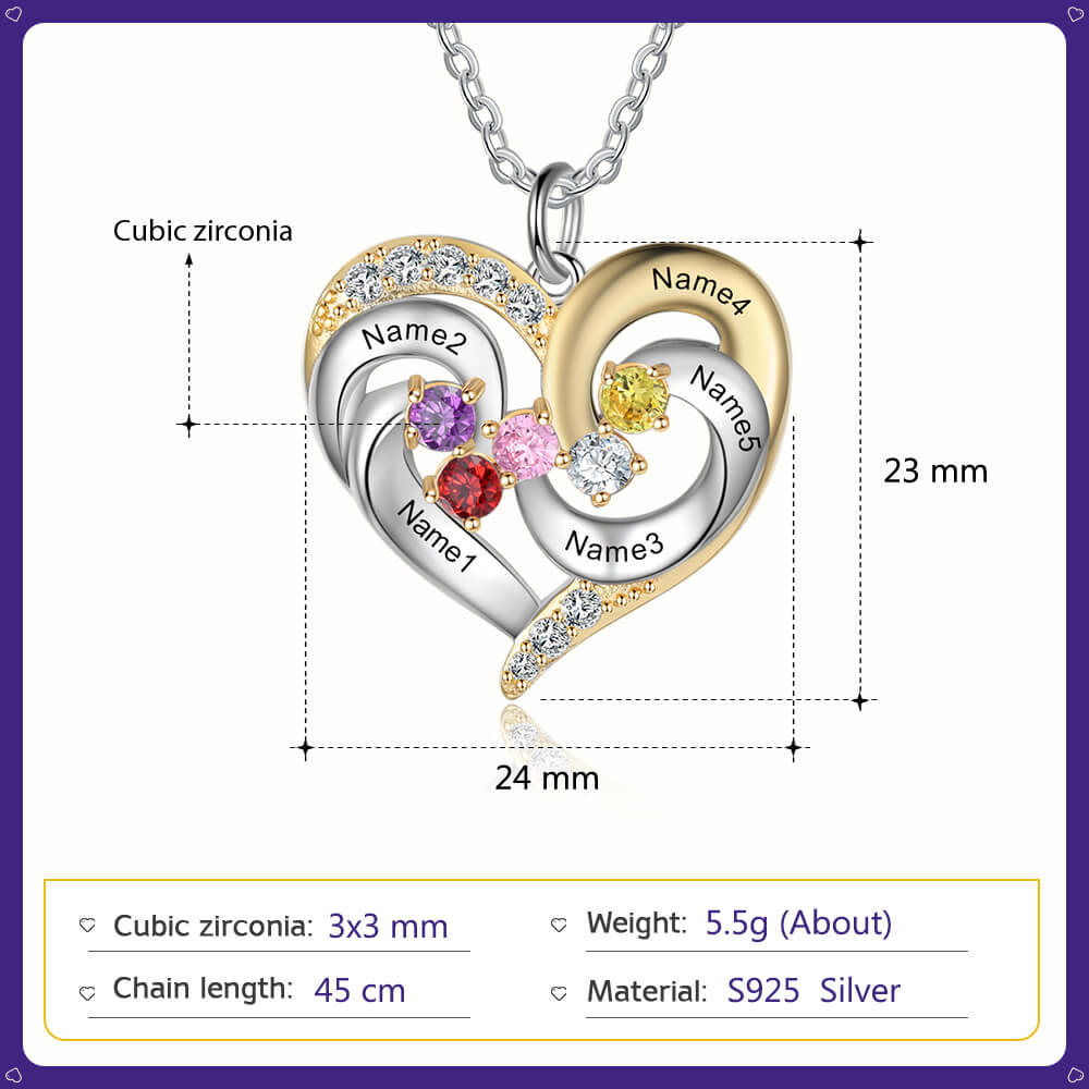 Personalised Heart Shaped Five Names Necklace with Five Birthstones Sterling Silver