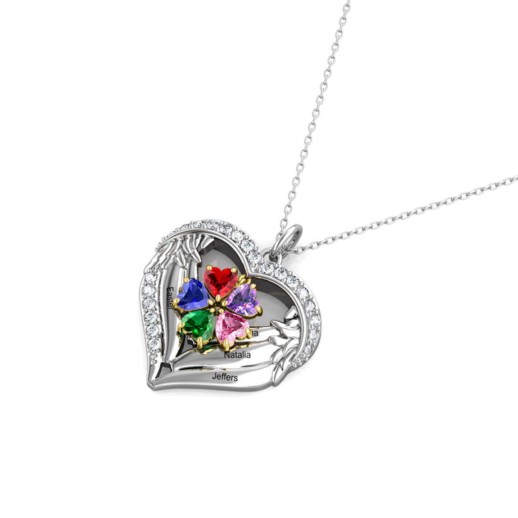 Heart Shaped Personalised Necklace with Five Heart Birthstones and Five Engraved Names