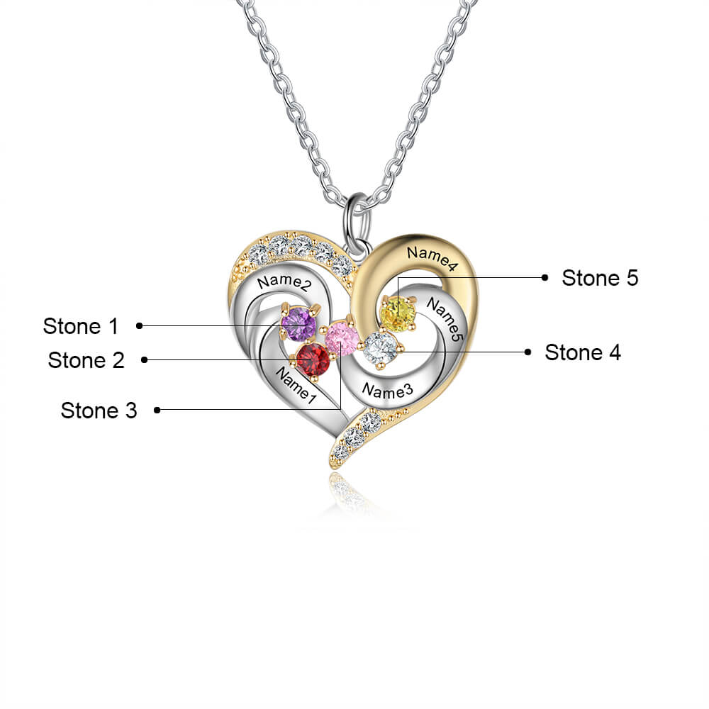 Personalised Heart Shaped Five Names Necklace with Five Birthstones Sterling Silver