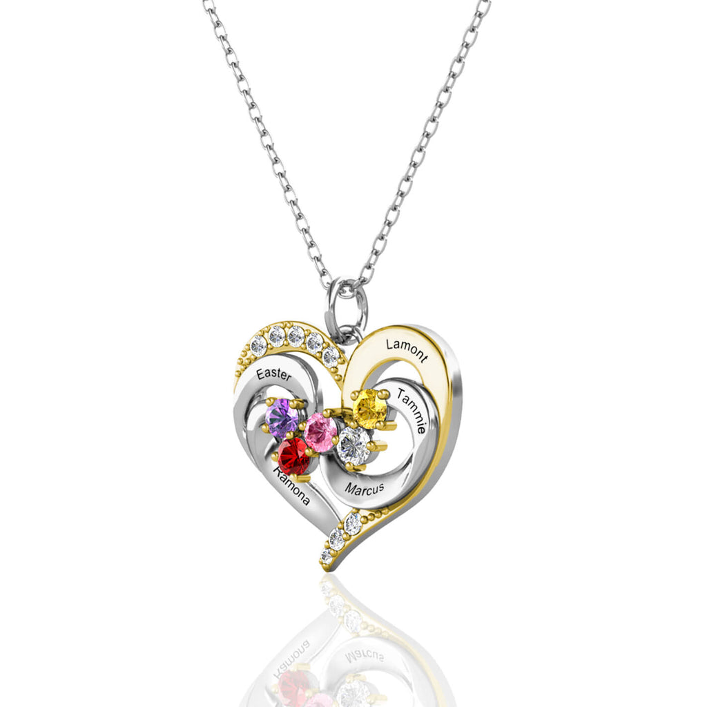 Personalised Heart Shaped Five Names Necklace with Five Birthstones Sterling Silver