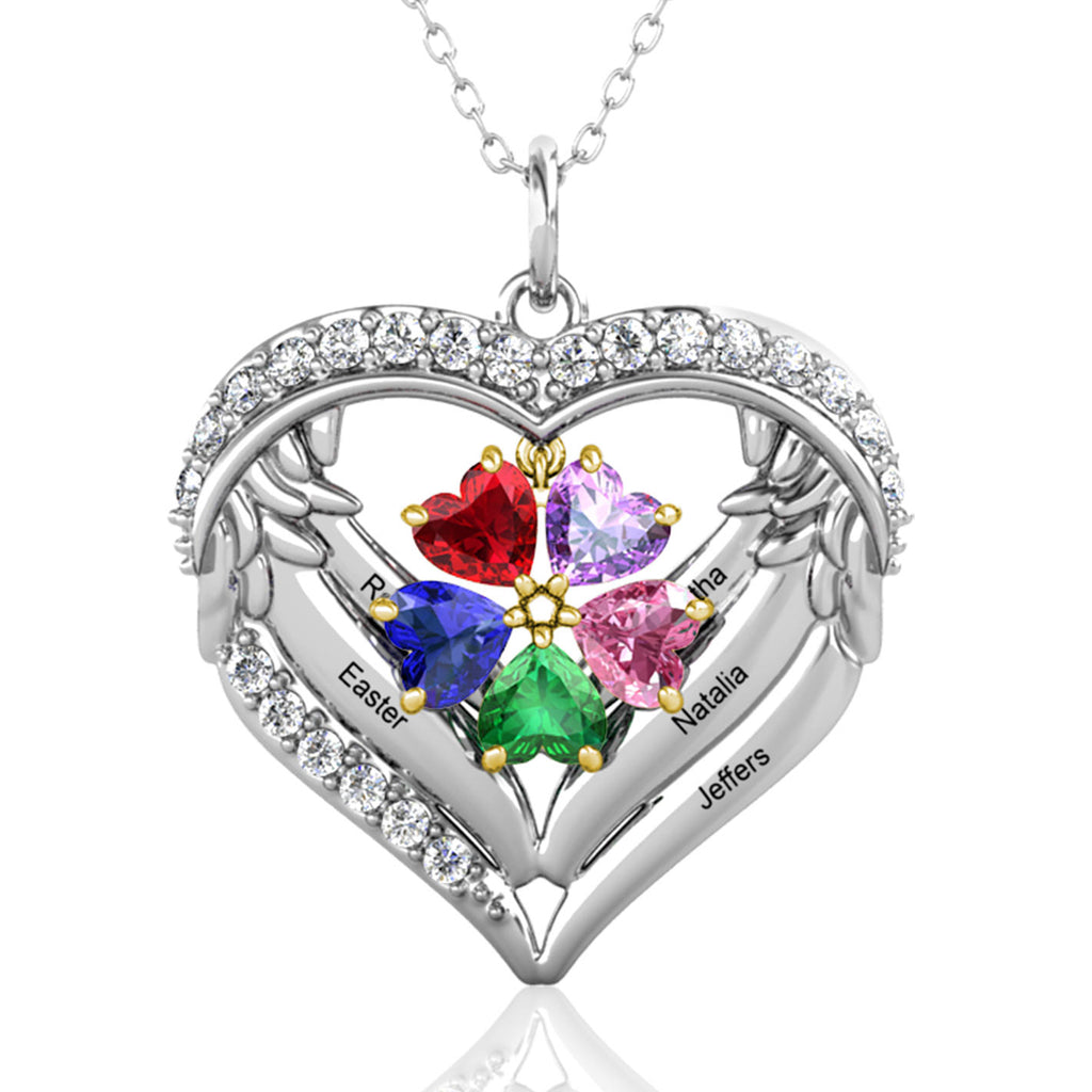 Heart Shaped Personalised Necklace with Five Heart Birthstones and Five Engraved Names