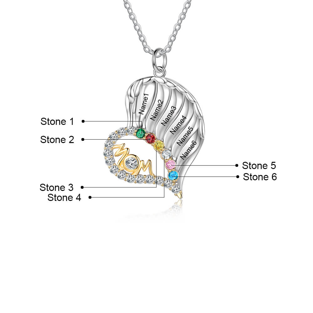 Personalised Heart Shaped Six Names Mother's Necklace with Six Birthstones Sterling Silver