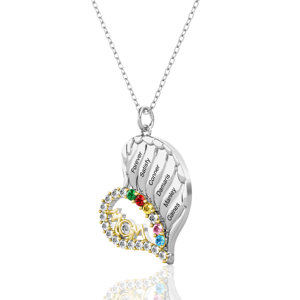 Personalised Heart Shaped Six Names Mother's Necklace with Six Birthstones Sterling Silver