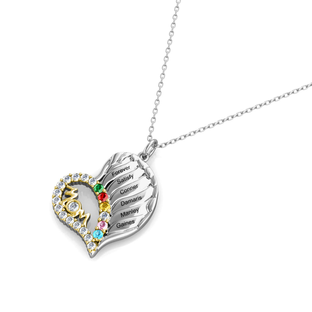 Personalised Heart Shaped Six Names Mother's Necklace with Six Birthstones Sterling Silver