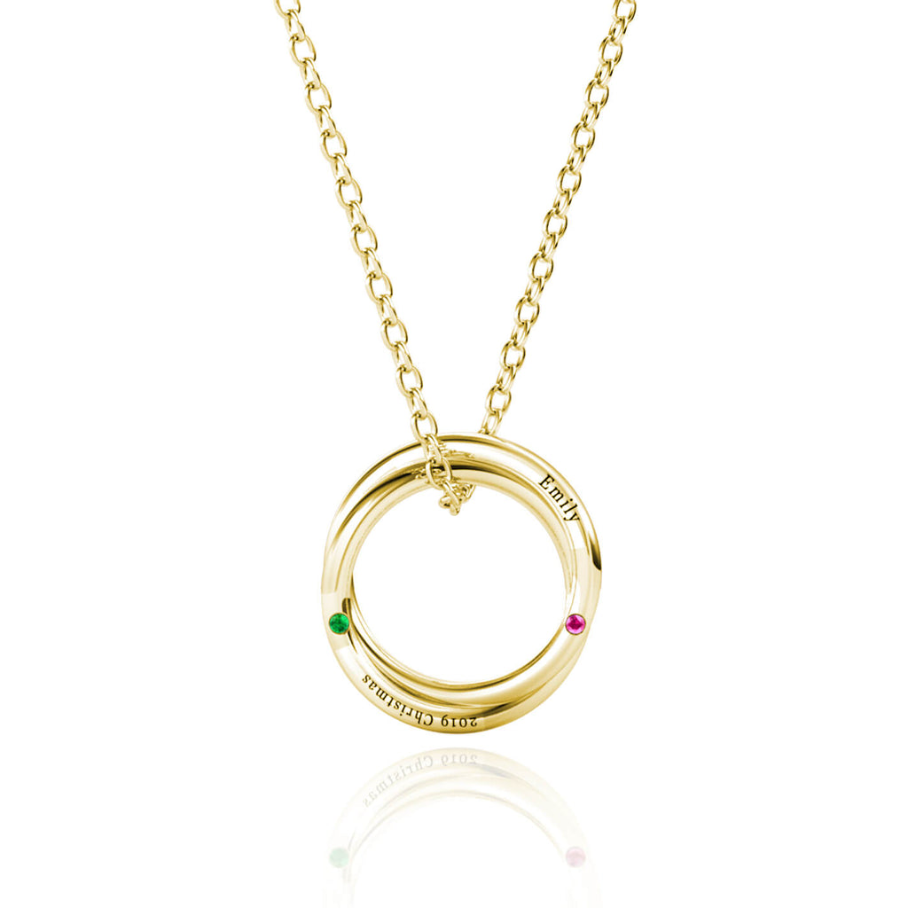 Personalised Russian 2 Ring Necklace with 2 Birthstone Gold