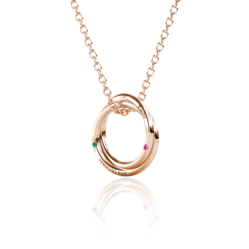 Personalised Russian 2 Ring Necklace with 2 Birthstone Rose Gold