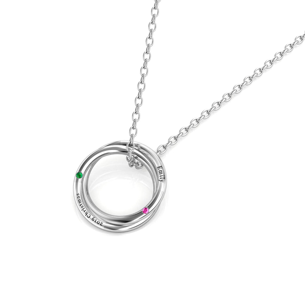 Personalised Russian 2 Ring Necklace with 2 Birthstone Sterling Silver