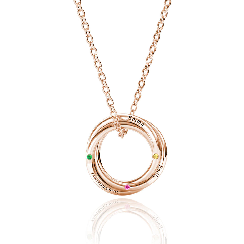 Personalised Russian 3 Ring Necklace with 3 Birthstone Rose Gold
