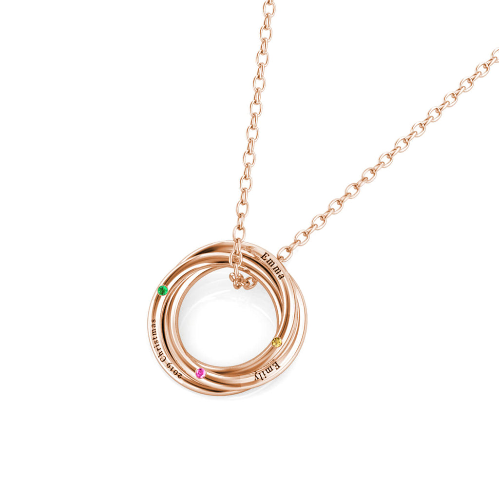 Personalised Russian 3 Ring Necklace with 3 Birthstone Rose Gold