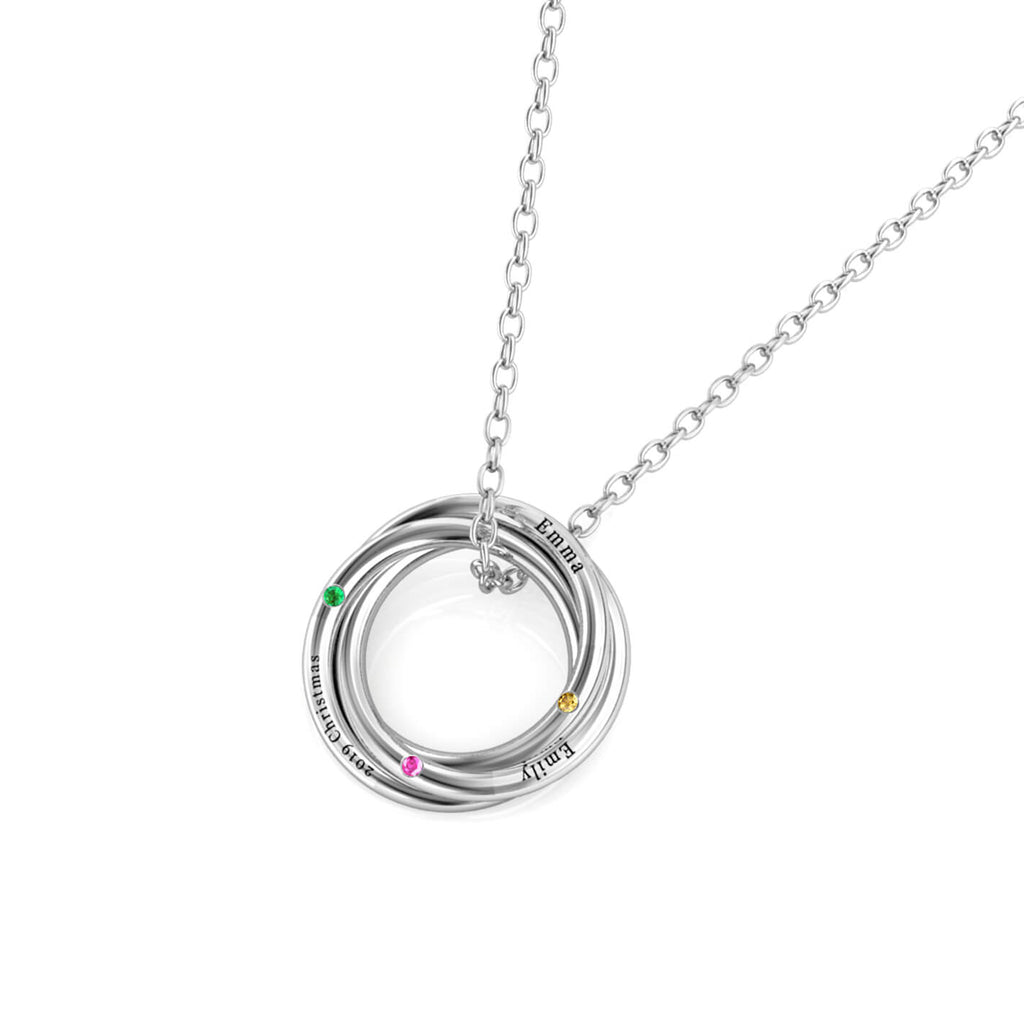 Personalised Russian 3 Ring Necklace with 3 Birthstone Sterling Silver