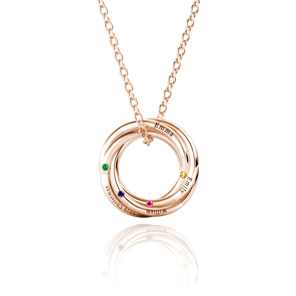 Personalised Russian 4 Ring Necklace with 4 Birthstone Rose Gold