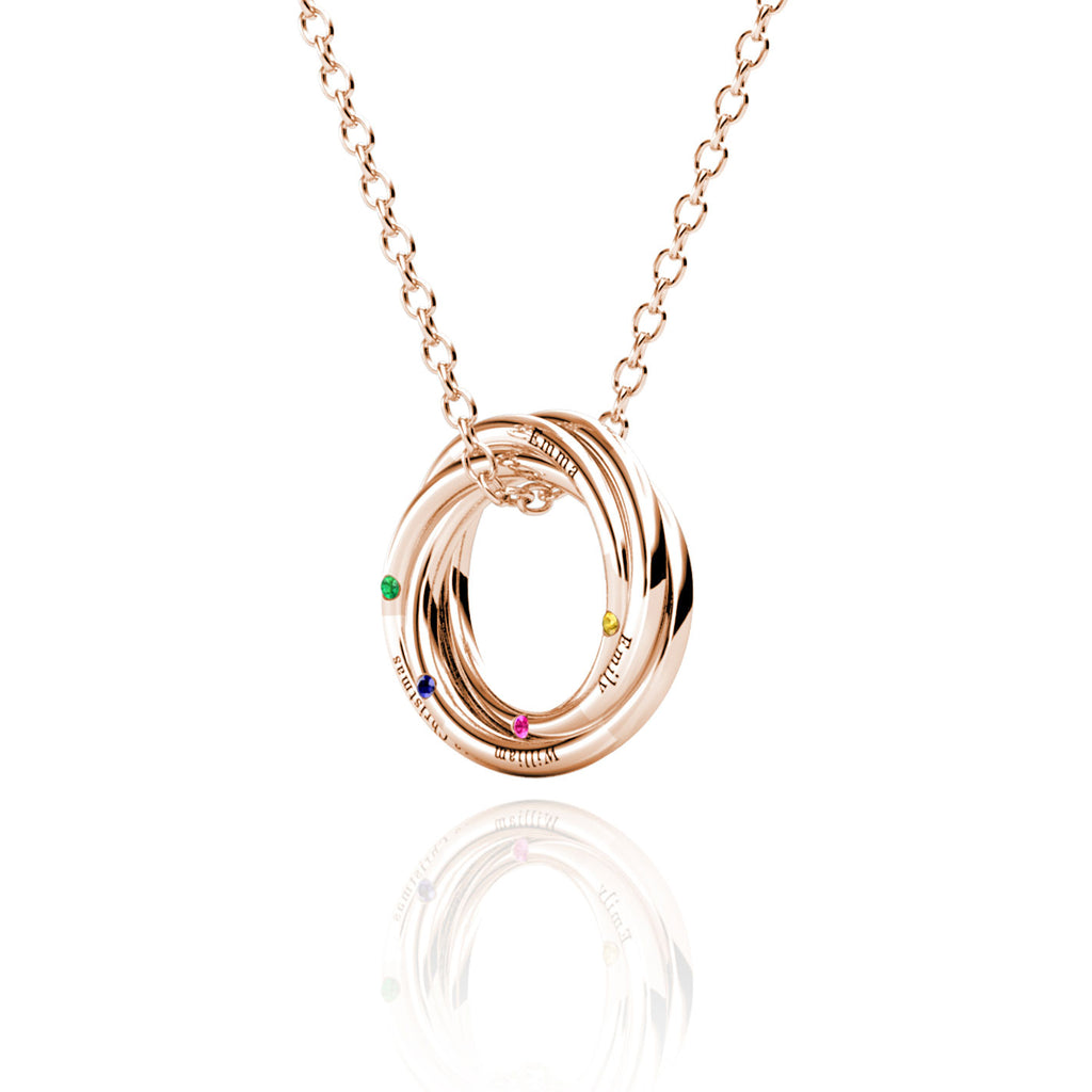 Personalised Russian 4 Ring Necklace with 4 Birthstone Rose Gold