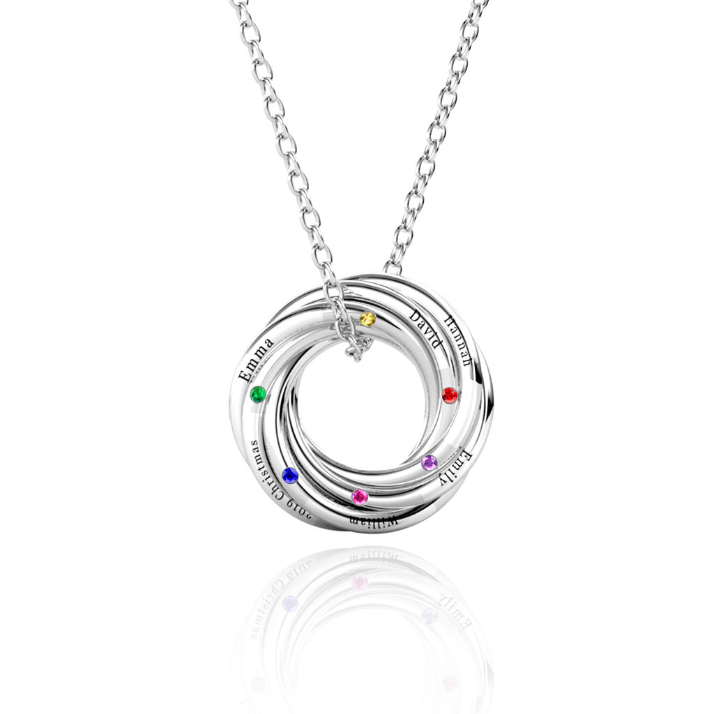 Personalised Russian 6 Ring Necklace with 6 Birthstone Sterling Silver